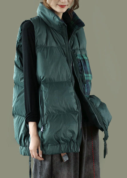 Organic Tea Green Stand Collar Zippered Thick Winter Tops Sleeveless Vest