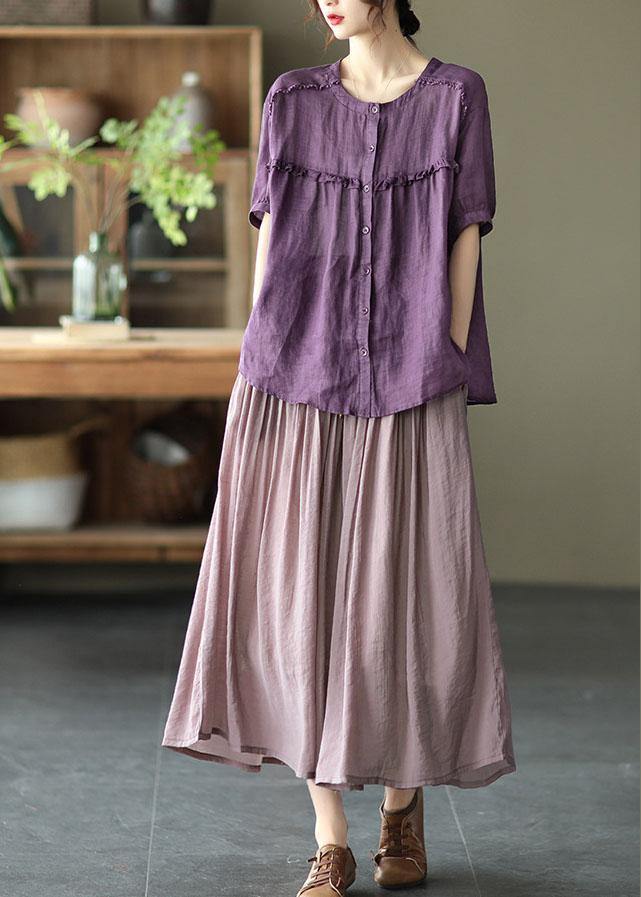 Light Purple Patchwork Tie Waist Summer Skirt Linen