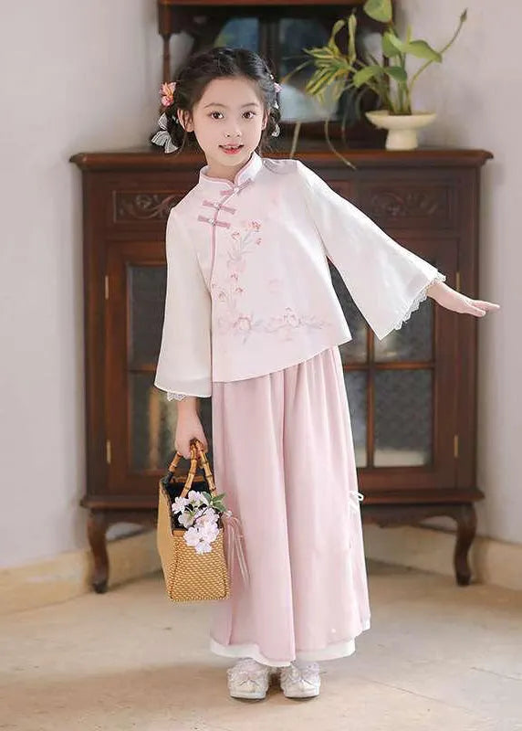 Chinese Style Pink Stand Collar Print Shirts and Maxi Skirts Two Pieces Set Spring