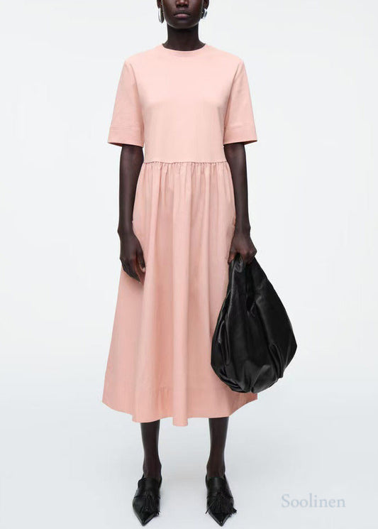 Simple Pink Silm Fit Cotton a Line Dress Summer