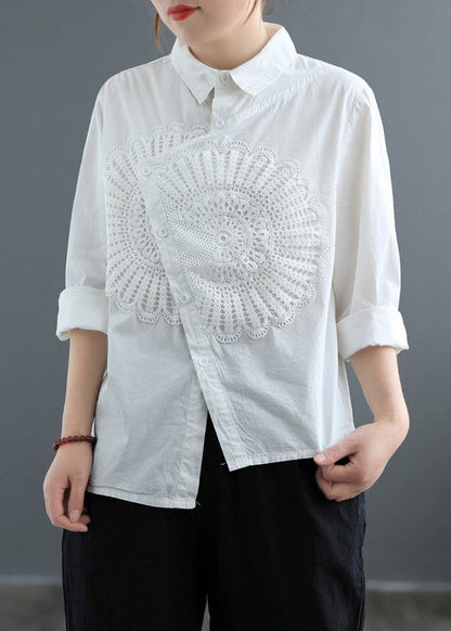 White Asymmetrical Patchwork Lace Blouses Spring