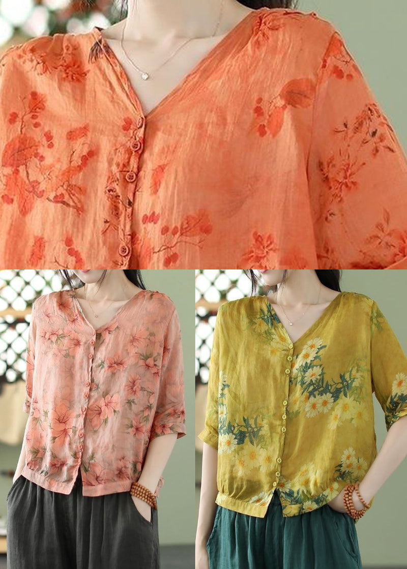 Yellow V Neck Print Linen Shirt Tops Half Sleeve