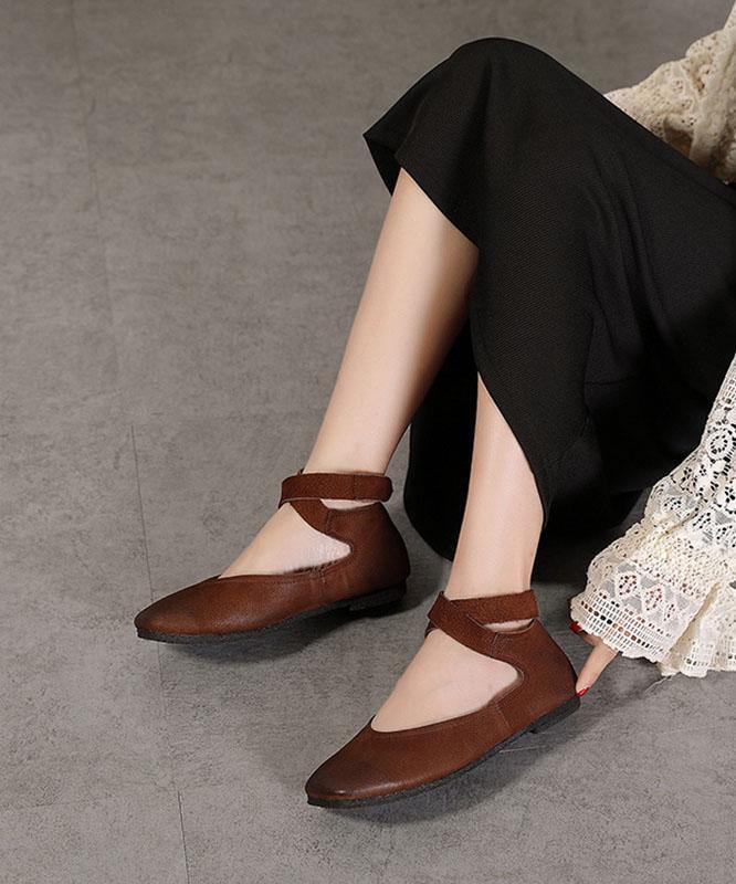 Chocolate Buckle Strap Ballet Flats Shoes Cowhide Leather