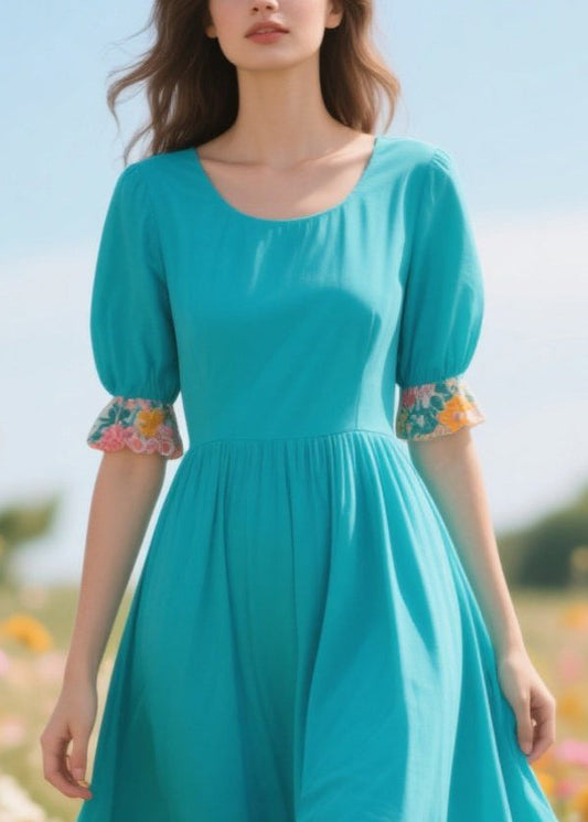 Blue O-neck Patchwork Print Cotton Holiday Dress Summer