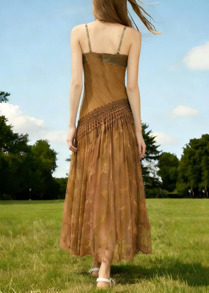 Brown Tasseled Wrinkled Patchwork Spaghetti Strap Dress Sleeveless