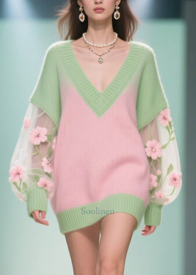 Colorblock V Neck Patchwork Tulle Long Sweaters Fall