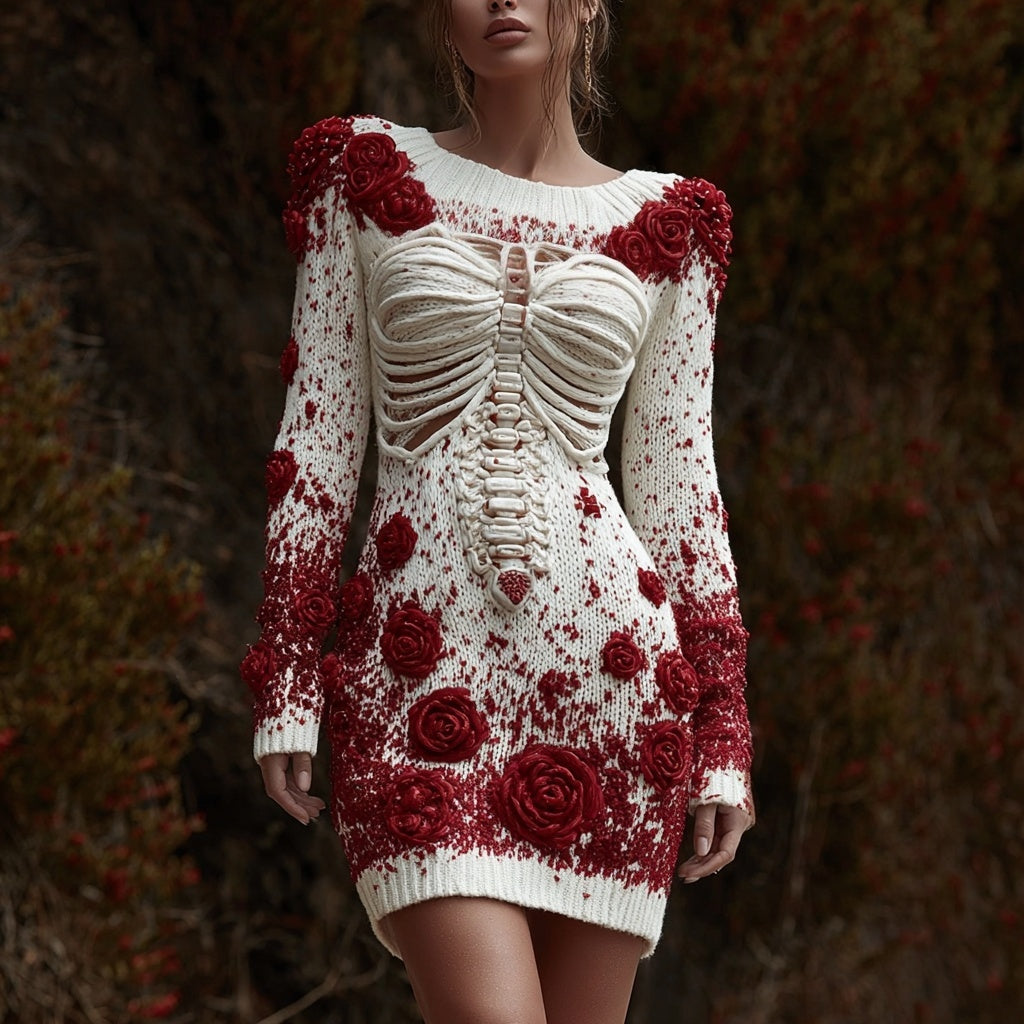 Comstylish Bloody Skeleton Roses Embroidered Cozy Sweater Dress