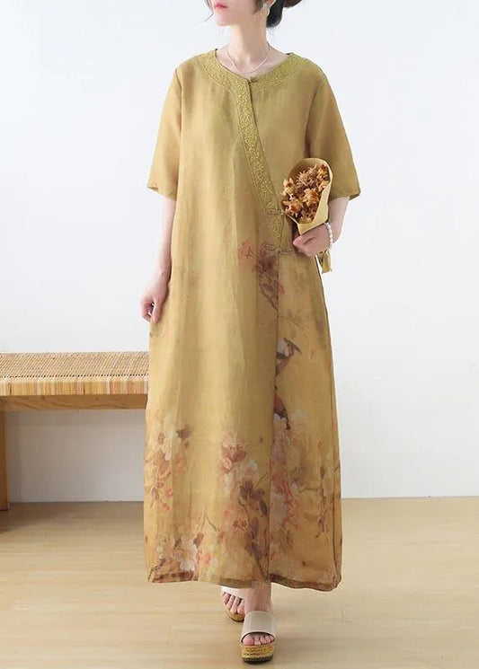 Yellow Print Oriental Party Dress Summer Linen Dress