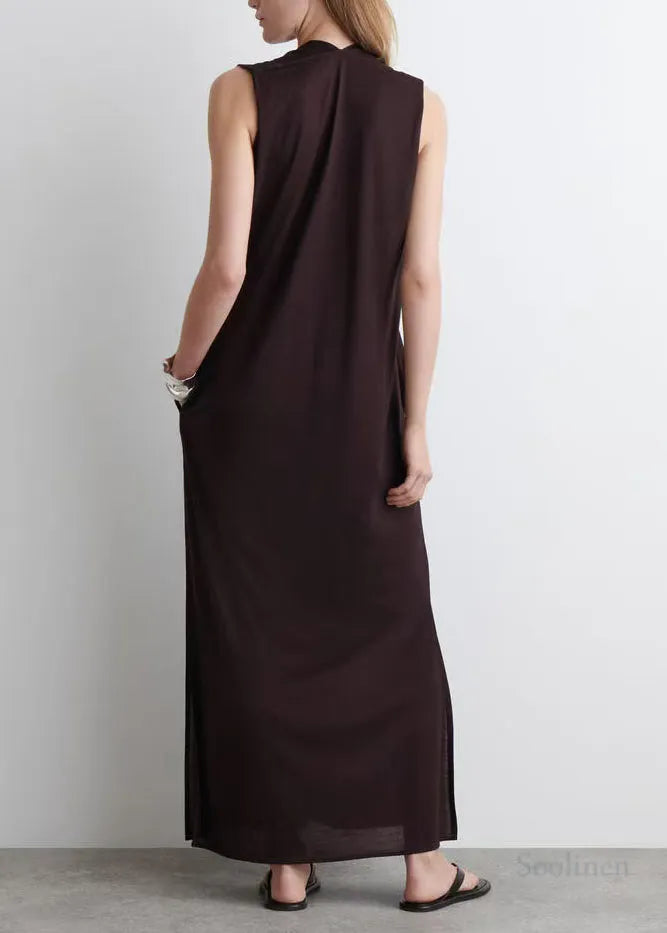Chocolate V Neck Cotton Straight Dress Sleeveless