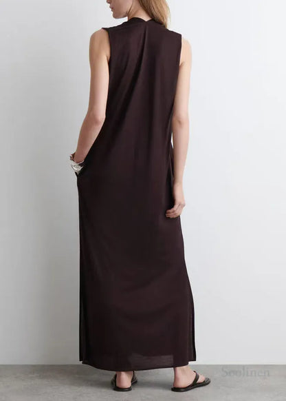 Chocolate V Neck Cotton Straight Dress Sleeveless