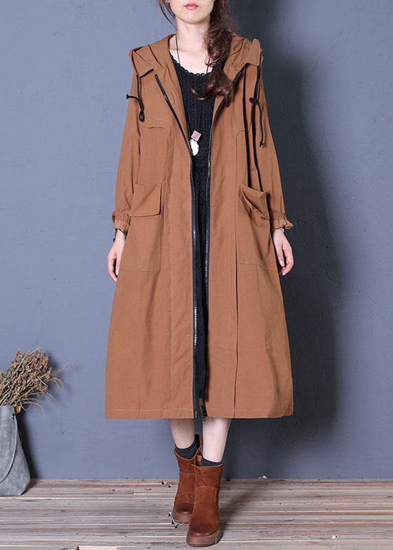Long Fall Brown Hooded Drawstring Coats