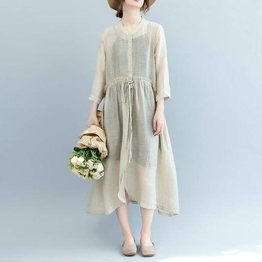 Baggy Off White Midi Linen Silk Blended Dresses Loose Fitting Dress Fine Tie Waist Long Sleeve O Neck Baggy Dresses