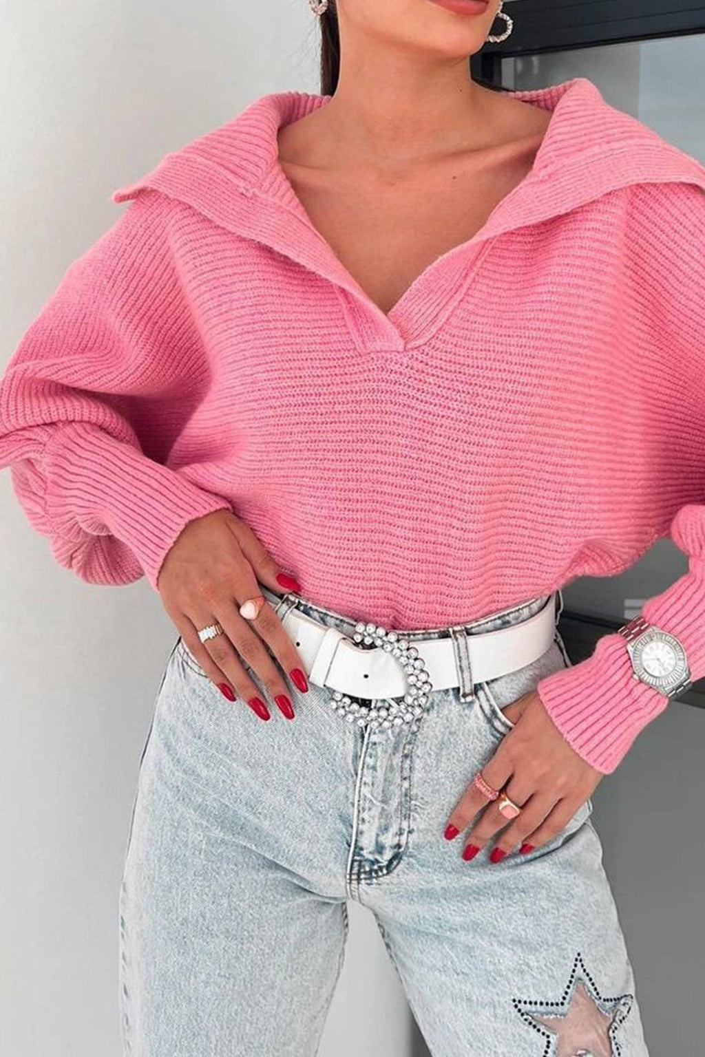 Carolina® | V-neck lapel sweater with puff sleeves
