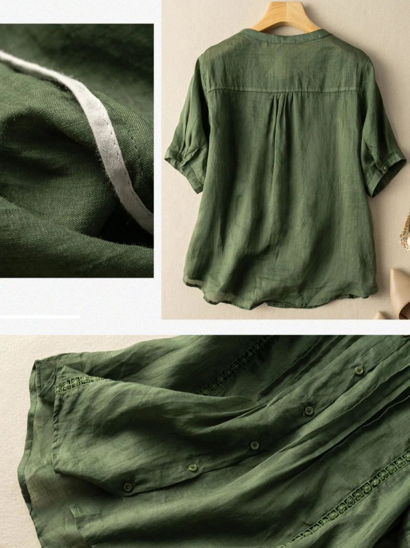 Pure Color Round Neck Short Sleeve Linen Top