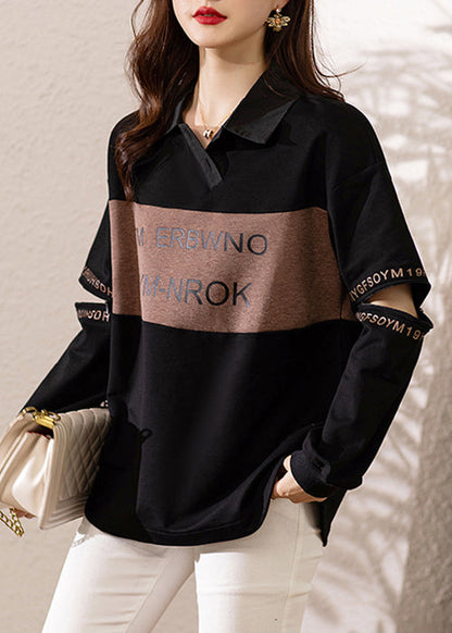 Black Peter Pan Collar Print Patchwork Cotton Sweatshirts Fall
