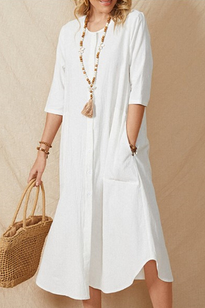 Pocket Buckle O Neck a Line Dresses