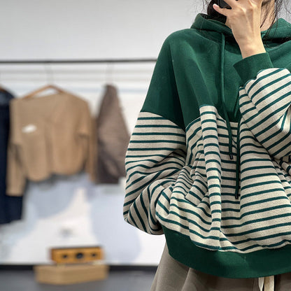 Contrast Stripe Fleece Drawstring Hooded Sweatshirt