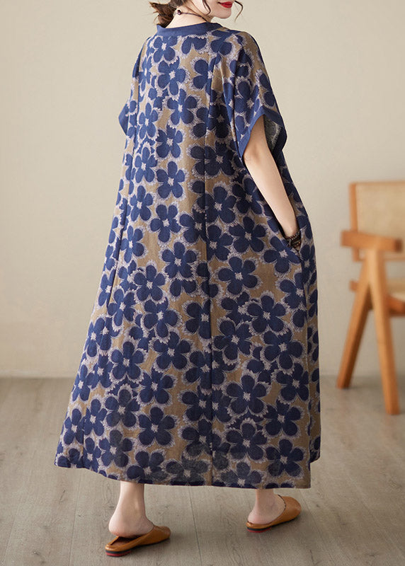 Blue V Neck Print Robe Dresses Short Sleeve