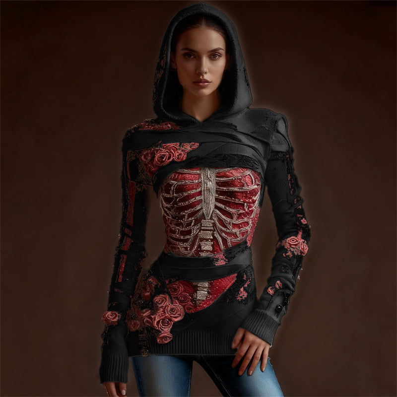 Comstylish Classy Skeleton Anatomy Bloody Roses Bandages Hooded Sweater