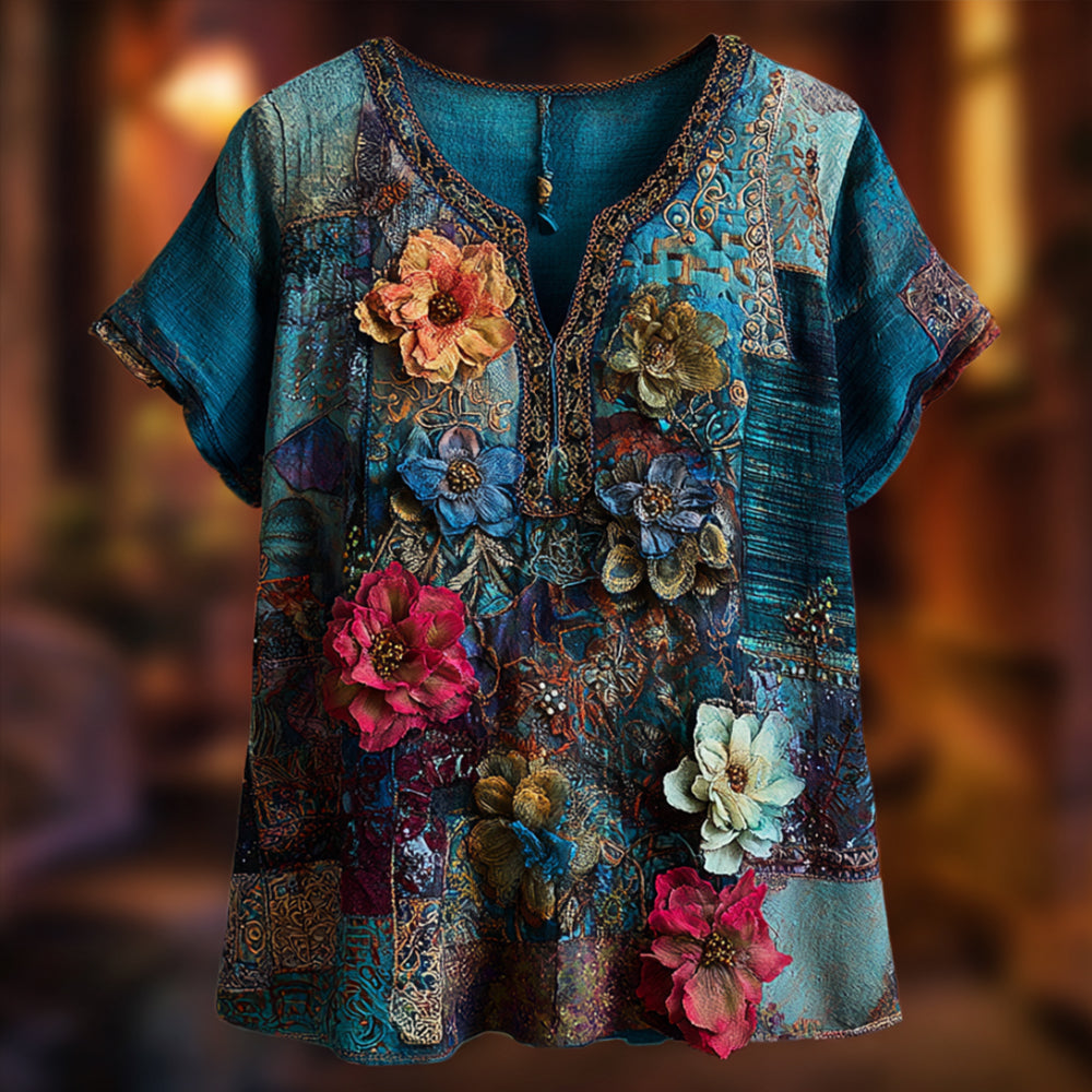 Stereoscopic Embroidery Flower Ethnic Style Vintage Tie-dye V-neck Short-sleeved Shirt elevenforest