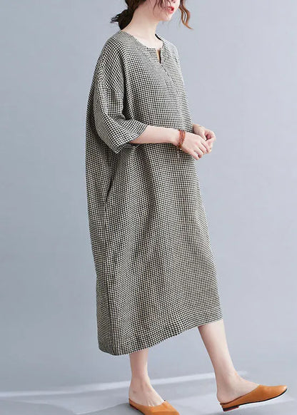 Black Plaid Cotton Holiday Dress O-neck Short Sleeve