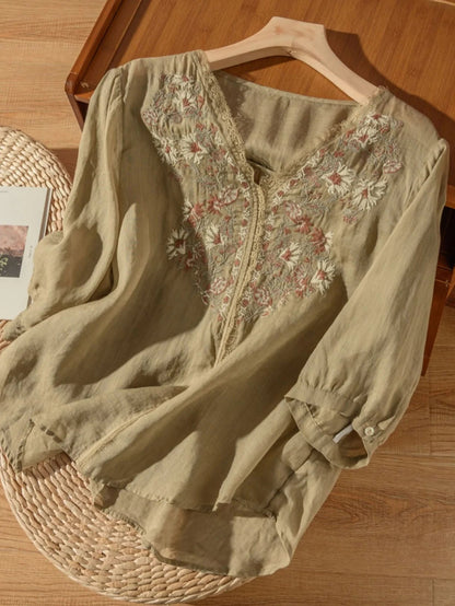 Embroidered V Neck 3/4 Sleeve Linen Top