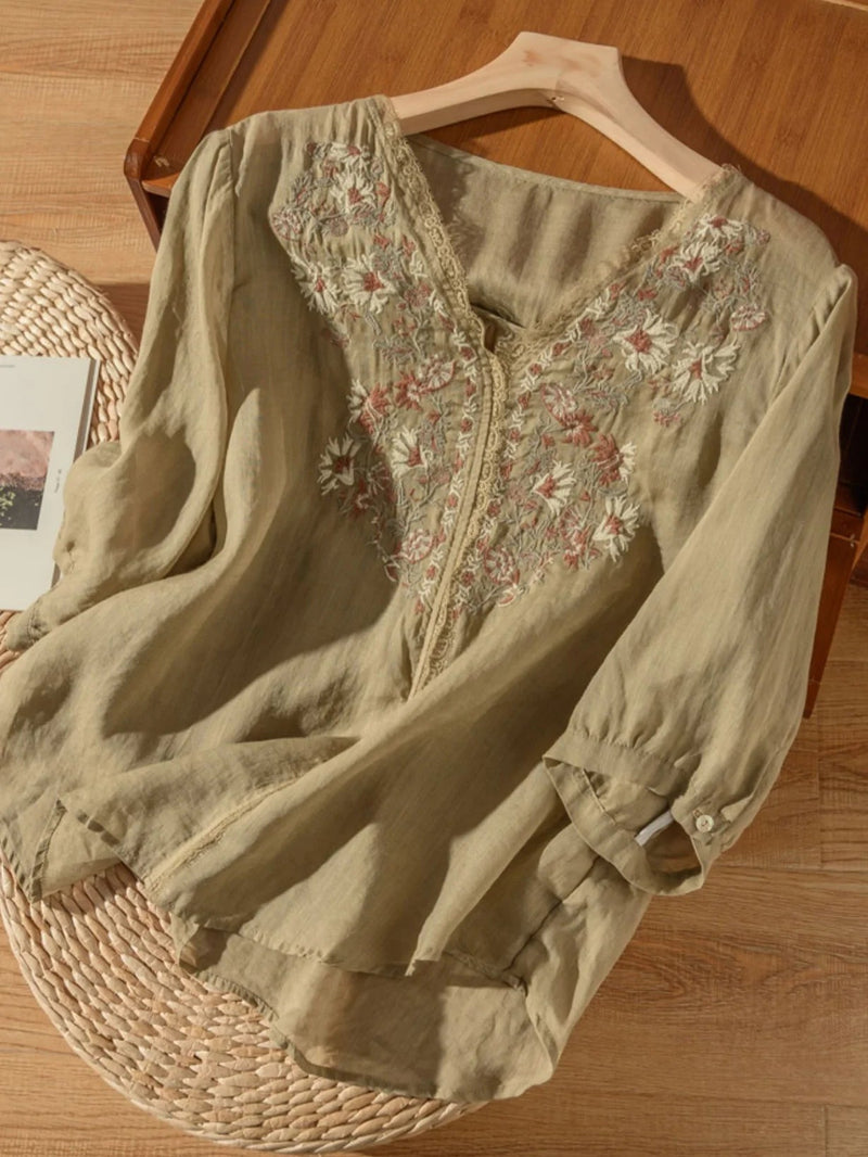 Embroidered V Neck 3/4 Sleeve Linen Top
