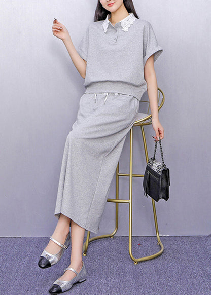 Grey Lace Patchwork Top and Maxi Skirts Two Piece Set Summer