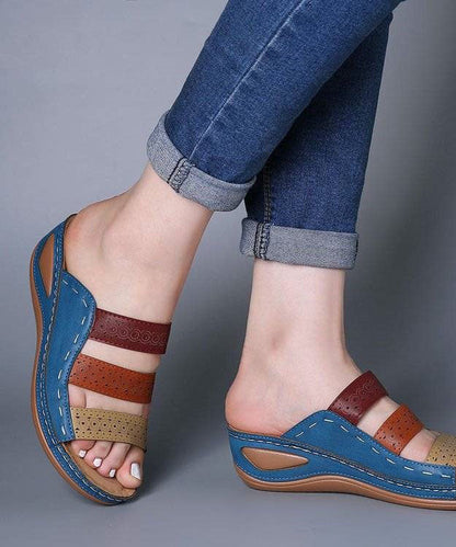 White Slide Sandals Wedge Faux Leather Simple Splicing