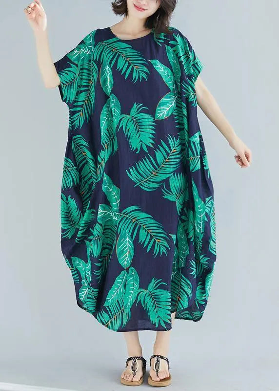 Simple O Neck Pockets Linen Cotton Quilting Clothes Runway Blue Print Dress Summer