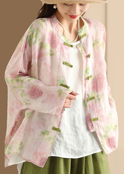 Pink Oversized Print Linen Oriental Shirt Top Summer