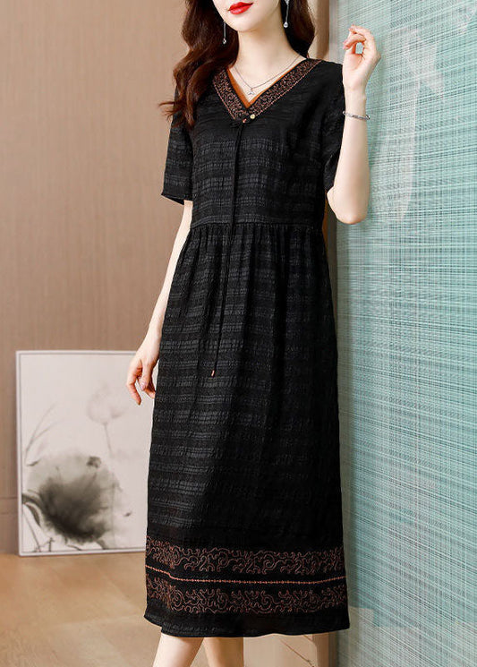 Black V Neck Wrinkled Silk Long Dress Summer