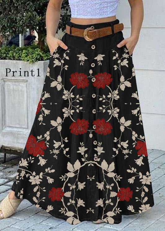 Color Print1 Bottom Front Loose Long Skirt With Pocket