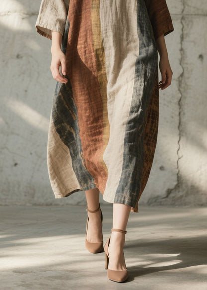 Colorblock O Neck Cotton Long Dress Summer