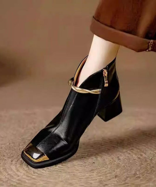 Classy Black Faux Leather Splicing Chunky Boots