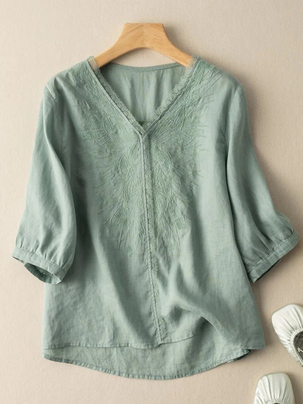 Embroidered V Neck 3/4 Sleeve Linen Tee Top