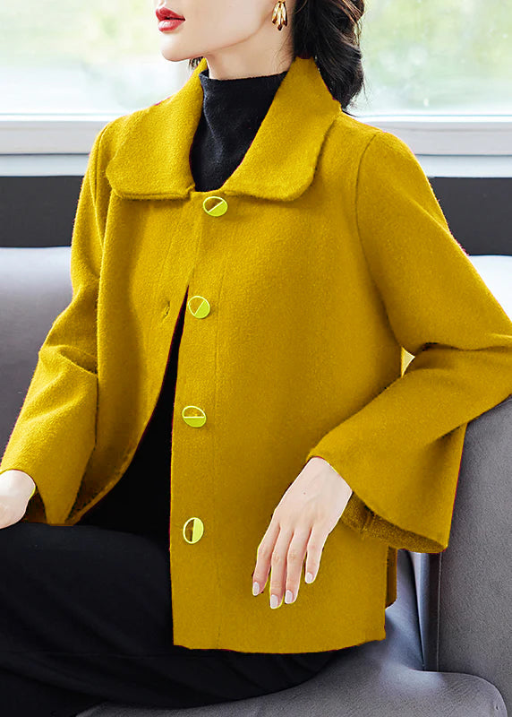 Classy Yellow Peter Pan Collar Pockets Woolen Coat Fall