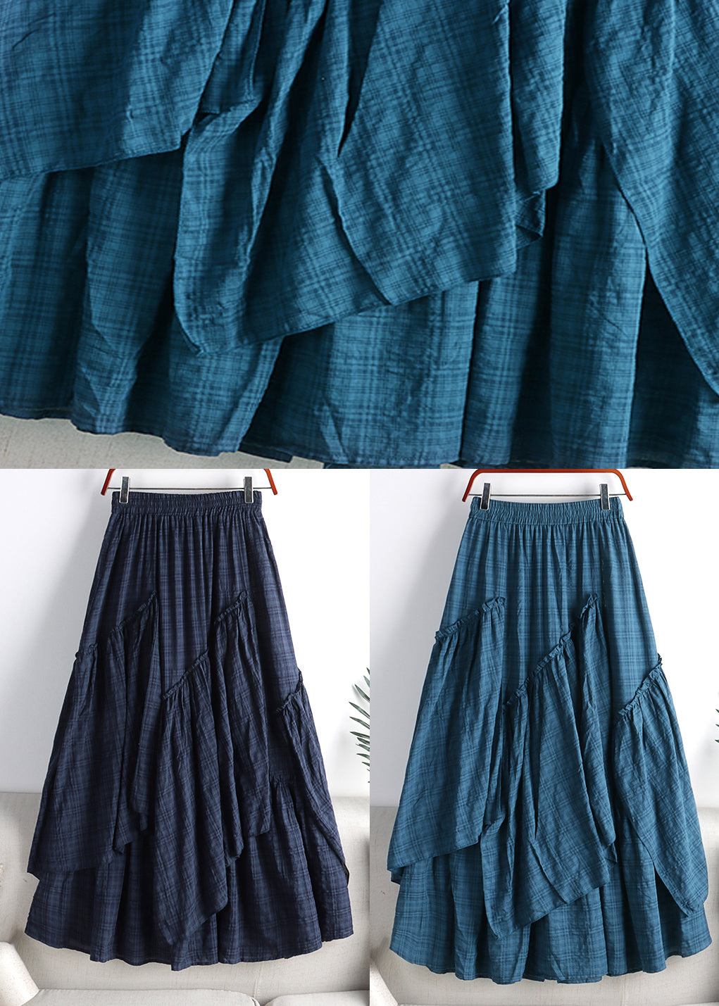 Light Blue Asymmetrical Plaid Patchwork a Line Skirt Spring