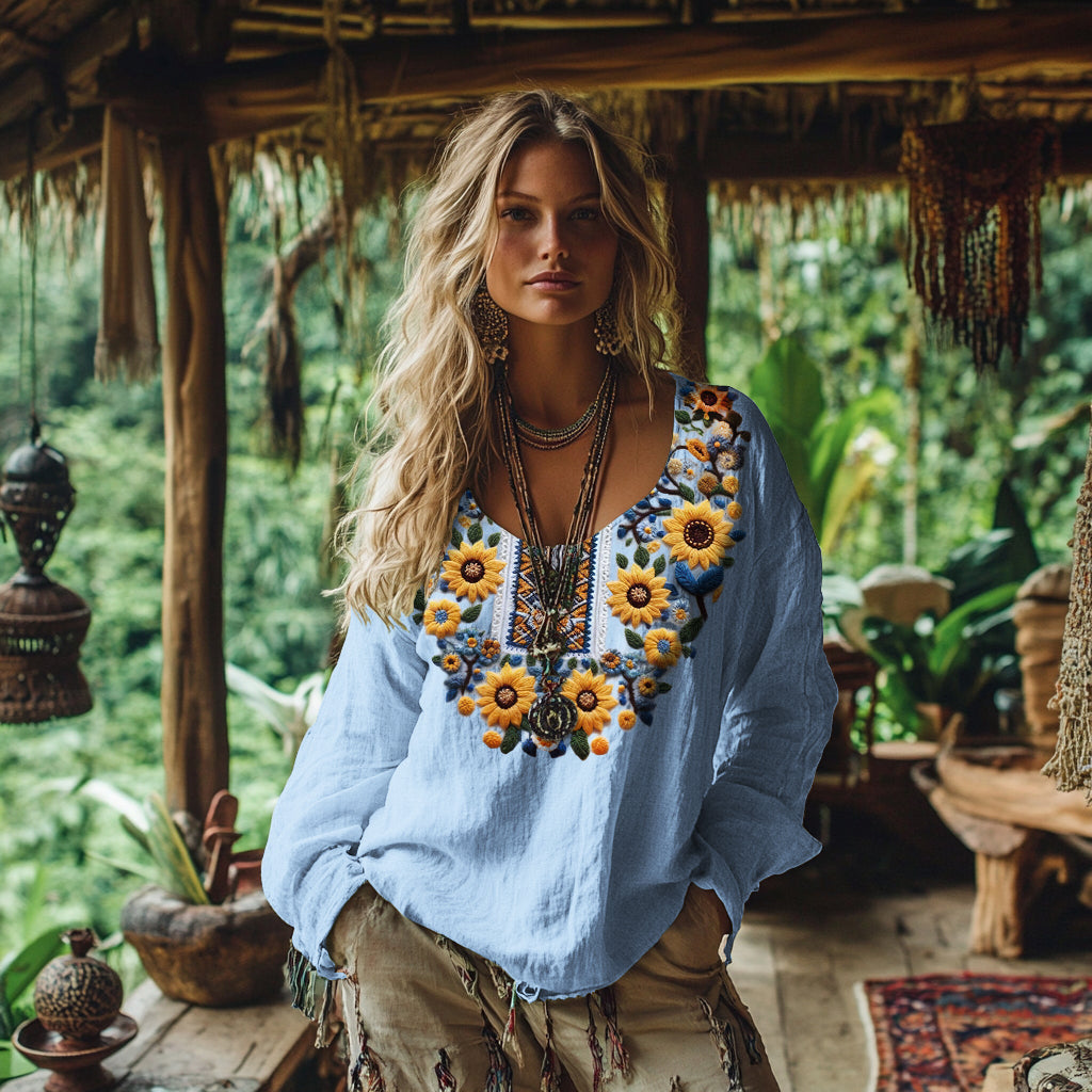Sunflowers Embroidered Linen Blend Shirt elevenforest