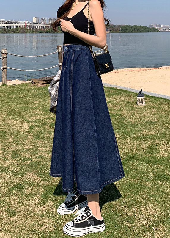 Classy Denim Light Blue High Waist Patchwork Button Cotton a Line Skirts Cozy