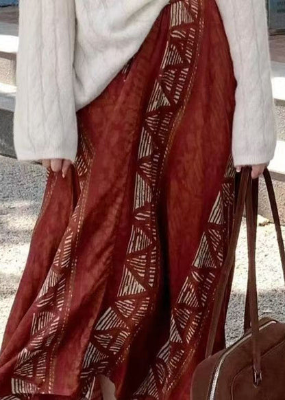 Red Asymmetrical Print Cotton Skirts Spring