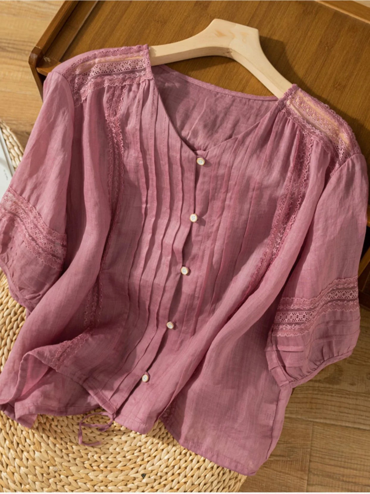 Pure Color V Neck 3/4 Sleeve Linen Top