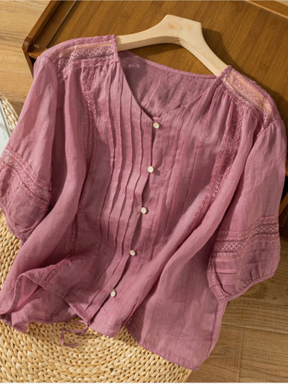 Pure Color V Neck 3/4 Sleeve Linen Top