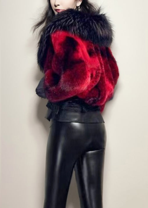 French Red Fox Collar Patchwork Leather and Fur Coats Winter