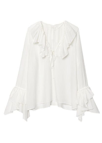 White V Neck Ruffled Patchwork Chiffon Top Fall
