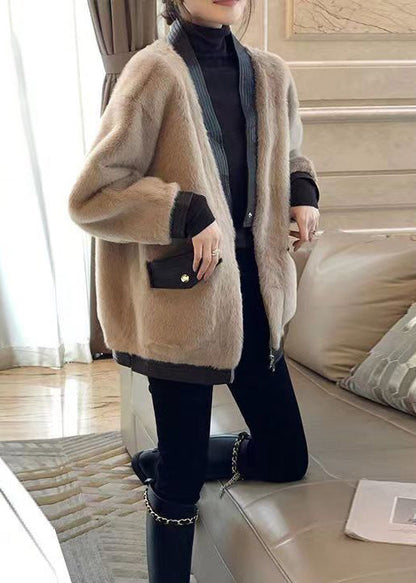 New Khaki Zippered Pockets Patchwork Leather and Fur Coat Winter