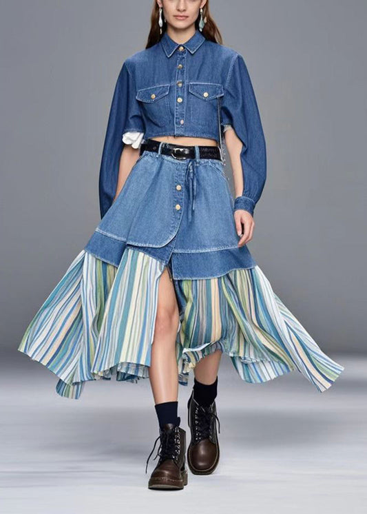 Blue Side Open Patchwork Striped Denim Skirt Spring