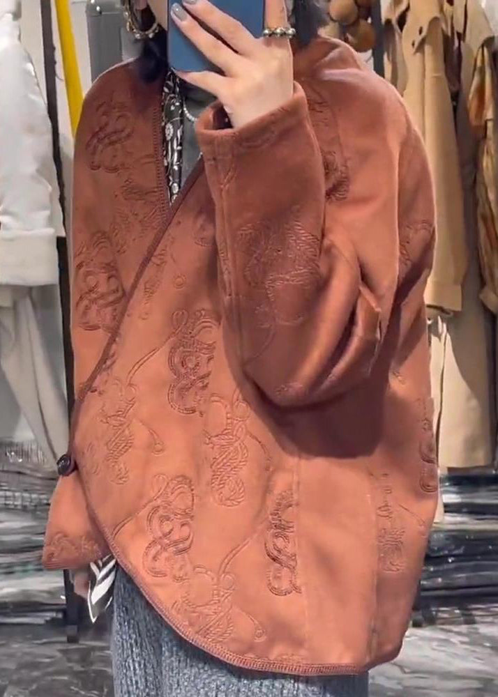 Jacquard Coffee Asymmetrical Button Cotton Coat Fall