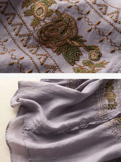 Embroidered Crew Neck 3/4 Sleeve Linen Top