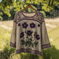 Women's Vintage Floral Embroidery Round Neck Linen Blend T-shirt elevenforest